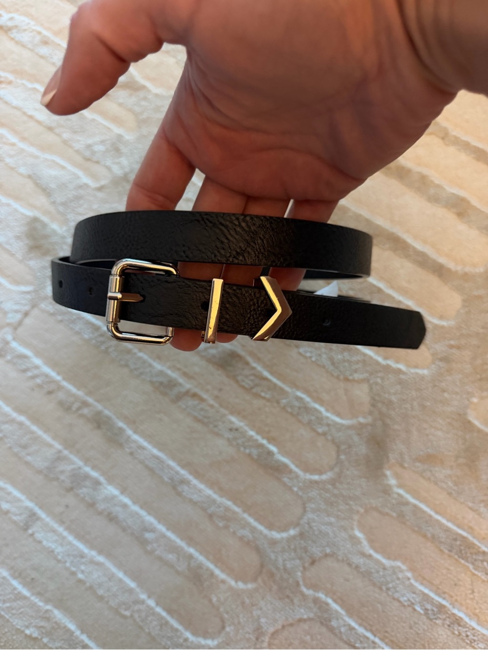 Vince Camuto Black Leather Slim Belt with Silver Chevron Buckle